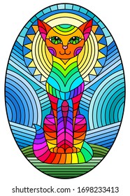 Illustration in stained glass style with abstract geometric cat and the sun on an abstract blue background, oval image