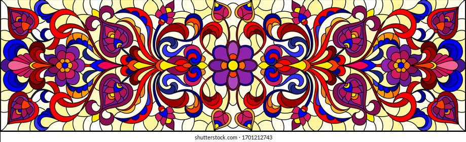 Illustration in stained glass style with abstract  swirls,flowers and leaves  on a yellow background,horizontal orientation