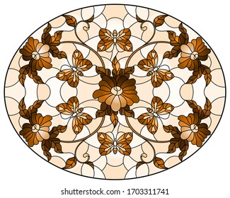 Illustration in stained glass style with abstract curly  flowers and  butterflyes on a brown background , oval image,sepia