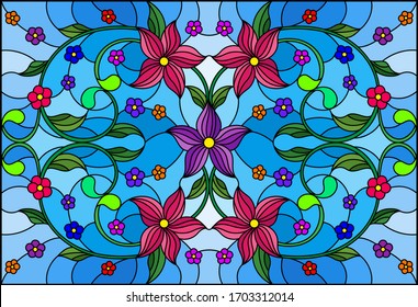 Illustration in stained glass style with abstract  swirls,flowers and leaves  on a blue background,horizontal orientation