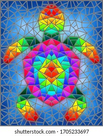 Illustration in stained glass style with an abstract rainbow mosaic turtle on a blue background, rectangular image