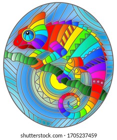 Illustration in stained glass style with abstract geometric rainbow chameleon, oval image