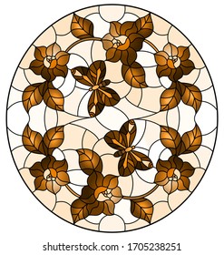 Illustration in stained glass style with abstract curly  flowers and  butterflyes on a brown background , oval image,sepia