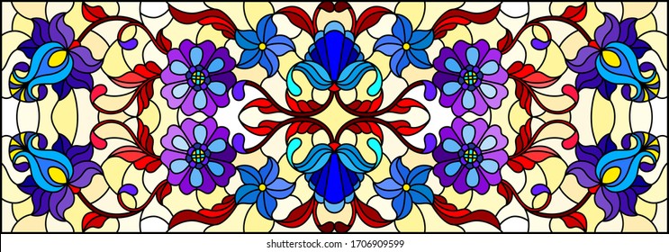 Illustration in stained glass style with abstract  swirls,flowers and leaves  on a yellow background,horizontal orientation