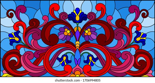 Illustration in stained glass style with abstract  swirls,flowers and leaves  on a blue background,horizontal orientation