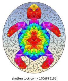 Illustration in stained glass style with an abstract rainbow mosaic turtle on a blue background, oval image