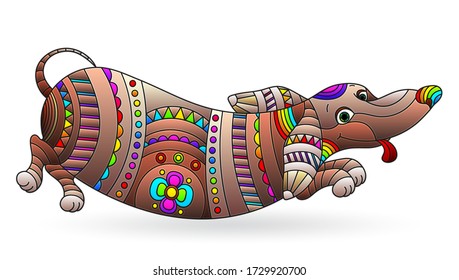 Illustration in stained glass style with abstract fun dog Dachshund, dog isolated on a white background