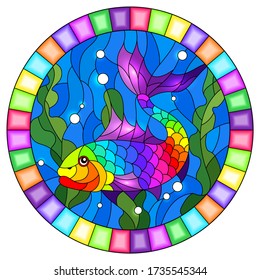 Illustration in stained glass style with an abstract bright fish on the background of water and algae, oval image
