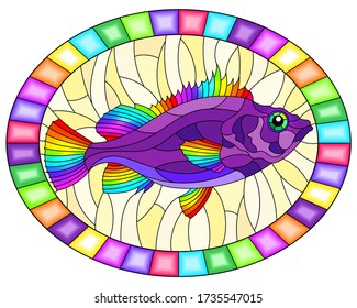 Illustration in stained glass style with abstract bright sea bass on a yellow  background, oval image in bright frame