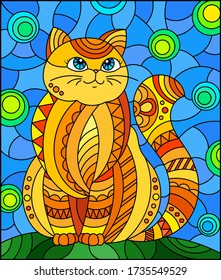 Illustration in stained glass style with abstract cute rув cat on a blue background