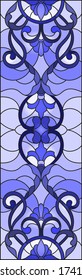 Illustration in stained glass style with abstract flowers, swirls and leaves  on a light background,vertical orientation, tone blue