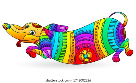 Illustration in stained glass style with abstract fun rainbow dog Dachshund, dog isolated on a white background 