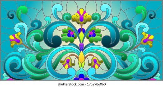 Illustration in stained glass style with abstract  swirls,flowers and leaves  on a blue background,horizontal orientation