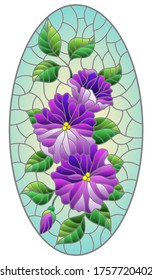 Illustration in stained glass style with abstract intertwined purple flowers and leaves on blue background,vertical orientation, oval image