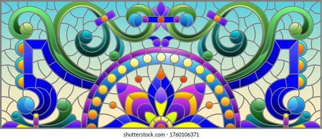 Illustration in stained glass style with abstract  swirls,flowers and leaves  on a yellow background,horizontal orientation