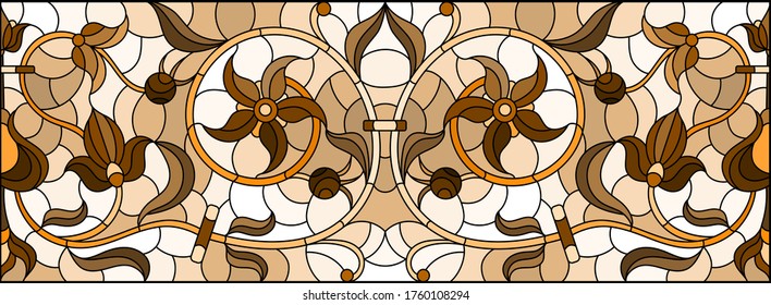 Illustration in stained glass style with abstract flowers, swirls and leaves  on a light background,horizontal orientation, sepia