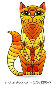 Illustration in stained glass style with an abstract red cat isolated on a white background