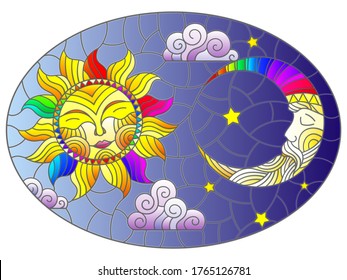 Illustration in stained glass style , abstract sun and moon in the sky, oval image