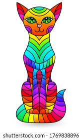 Illustration in stained glass style with an abstract rainbow cat isolated on a white background