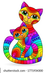 Illustration in stained glass style with an abstract rainbow cat and a kitten isolated on a white background