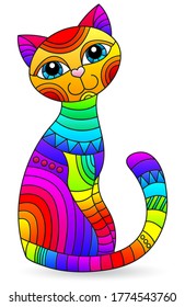 Illustration in stained glass style with an abstract rainbow cat isolated on a white background