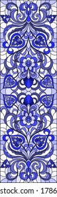 Illustration in stained glass style with abstract flowers, swirls and leaves  on a light background,vertical orientation, tone blue