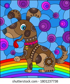 Illustration in stained glass style with abstract cute ,brown dog on a sky background with rainbow 