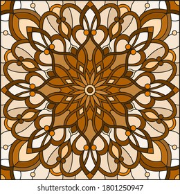 Illustration in stained glass style with abstract  swirls and leaves  on a light background,square orientation, sepia