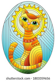 Illustration in stained glass style with abstract geometric red cat and the sun on an abstract blue background, oval image