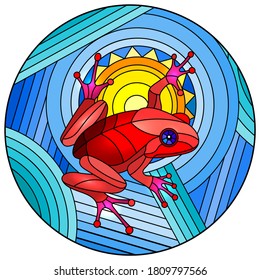 Illustration in stained glass style with abstract red frog on geometric blue background with sun, round image