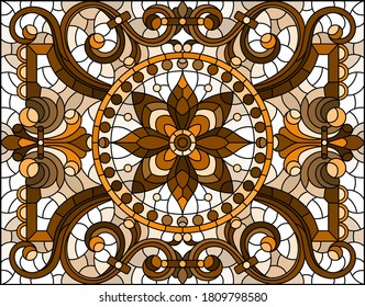 Illustration in stained glass style with abstract flowers, swirls and leaves  on a light background,horizontal orientation, sepia