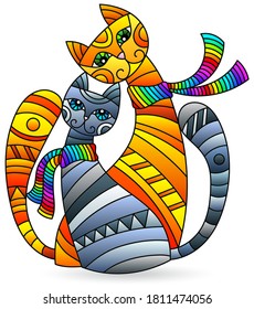Illustration in stained glass style with an abstract cats, isolated on a white background