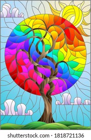 Illustration in stained glass style with an abstract round rainbow tree on a background of cloudy sky and sun