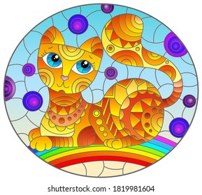 Illustration in stained glass style with abstract cute red  cat on a sky background with rainbow 