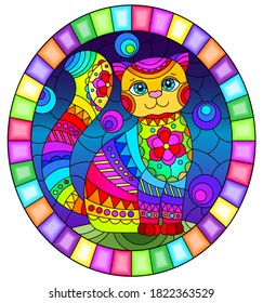 Illustration in stained glass style with abstract cute rainbow cat on a blue background, oval image in bright frame