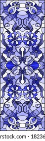 Illustration in stained glass style with abstract flowers, swirls and leaves  on a light background,vertical orientation, tone blue