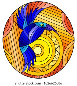 Illustration in stained glass style with abstract geometric blue bird and sun , on an orange background, oval image