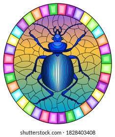 Illustration in stained glass style abstract in blue beetle on a sky background, the oval image in bright frame