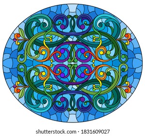 Illustration in stained glass style with abstract  swirls,flowers and leaves  on a yellow background,horizontal orientation, oval image