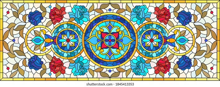 Illustration in the stained glass style with an abstract flower arrangement on a light background, horizontal image