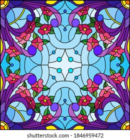 Illustration in the stained glass style with an abstract flower arrangement on a blue background, square image