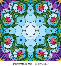 Illustration in the stained glass style with an abstract flower arrangement on a blue background, square image