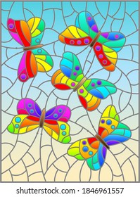 Illustration in stained glass style with abstract bright butterflies on a blue background, rectangular image