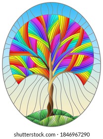 Illustration in stained glass style with an abstract round rainbow tree on a background of cloudy sky, oval image