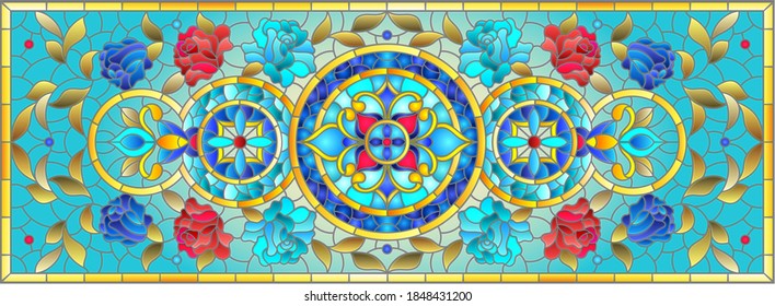 Illustration in the stained glass style with an abstract flower arrangement on a light background, horizontal image