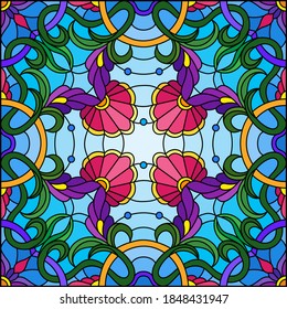 Illustration in the stained glass style with an abstract flower arrangement on a blue background, square image