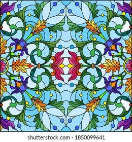 Illustration in the stained glass style with an abstract flower arrangement on a blue background, square image