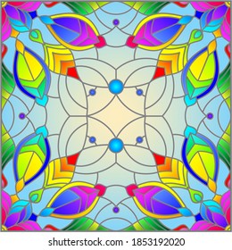 Illustration in the stained glass style with an abstract flower arrangement on a blue background, square image
