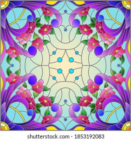 Illustration in the stained glass style with an abstract flower arrangement on a blue background, square image