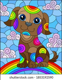 Illustration in stained glass style with abstract cute ,brown dog on a cloudy sky background with rainbow 